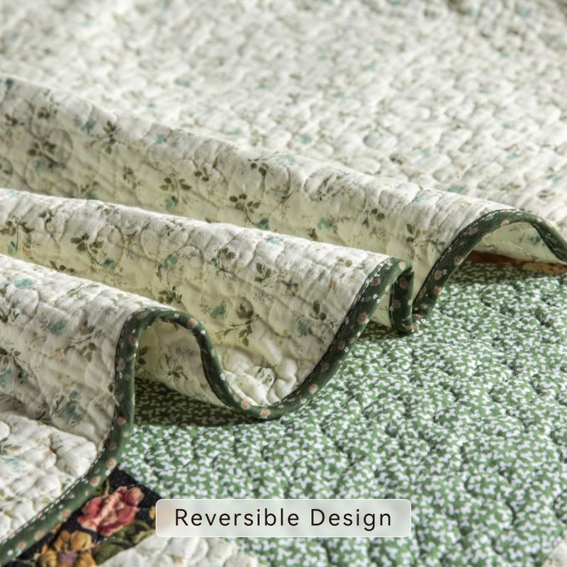 YAYIDAY Quilt King Size Patchwork Bedspread Set - 100% Cotton Reversible Breathable Green Earth Geometric Quilted Quilt with Pillow Shams for All Seasons - Image 4