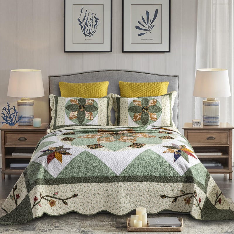 YAYIDAY Quilt King Size Patchwork Bedspread Set - 100% Cotton Reversible Breathable Green Earth Geometric Quilted Quilt with Pillow Shams for All Seasons - Image 1