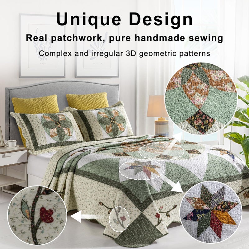 YAYIDAY Quilt King Size Patchwork Bedspread Set - 100% Cotton Reversible Breathable Green Earth Geometric Quilted Quilt with Pillow Shams for All Seasons - Image 2