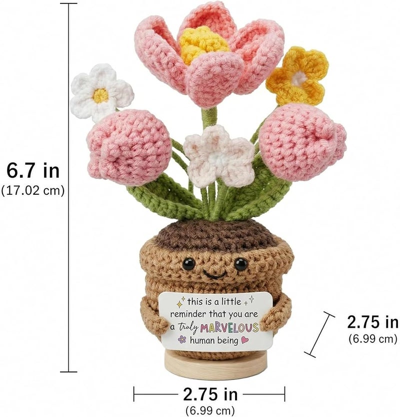 AIMSTYTO Emotional Support Crochet Tulip Flower Doll with Positive Affirmation Card - Handmade Knitted Potted Plant Desk Decor, Motivational Gift (MARVELOUS) - Image 5