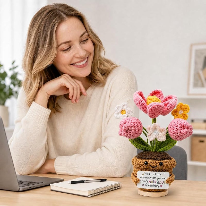 AIMSTYTO Emotional Support Crochet Tulip Flower Doll with Positive Affirmation Card - Handmade Knitted Potted Plant Desk Decor, Motivational Gift (MARVELOUS) - Image 2