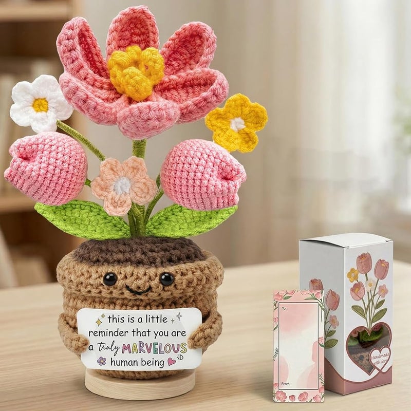 AIMSTYTO Emotional Support Crochet Tulip Flower Doll with Positive Affirmation Card - Handmade Knitted Potted Plant Desk Decor, Motivational Gift (MARVELOUS) - Image 1