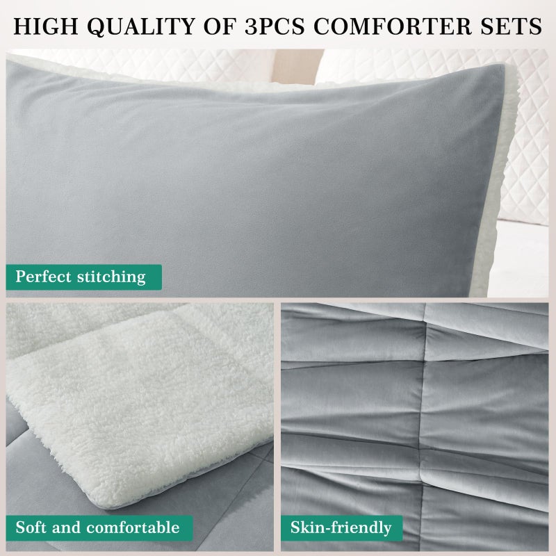 MERITLIFE Fluffy Sherpa Queen Size Bedding Comforter Sets Queen Comforter Set-3 Pieces Bed in a Bag Light Grey Soft Comforter and Pillowcase Luxury Warm Bedding Set for Winter - Image 3