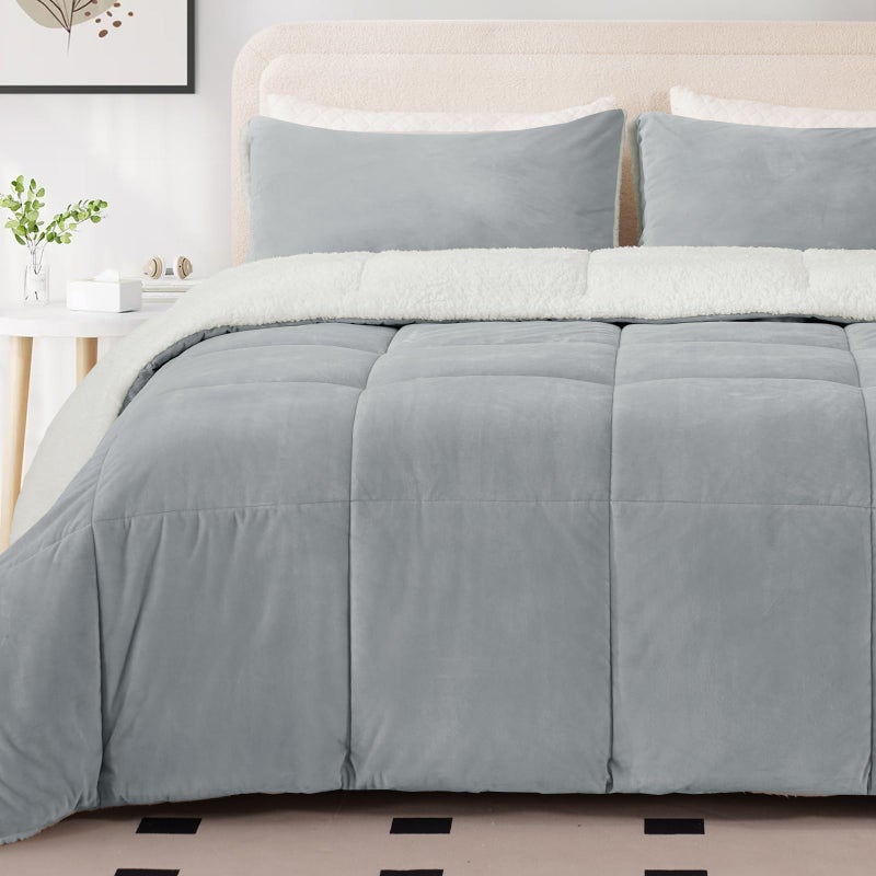 MERITLIFE Fluffy Sherpa Queen Size Bedding Comforter Sets Queen Comforter Set-3 Pieces Bed in a Bag Light Grey Soft Comforter and Pillowcase Luxury Warm Bedding Set for Winter - Image 1