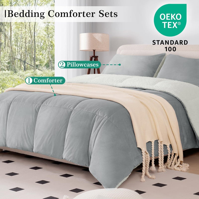 MERITLIFE Fluffy Sherpa Queen Size Bedding Comforter Sets Queen Comforter Set-3 Pieces Bed in a Bag Light Grey Soft Comforter and Pillowcase Luxury Warm Bedding Set for Winter - Image 2