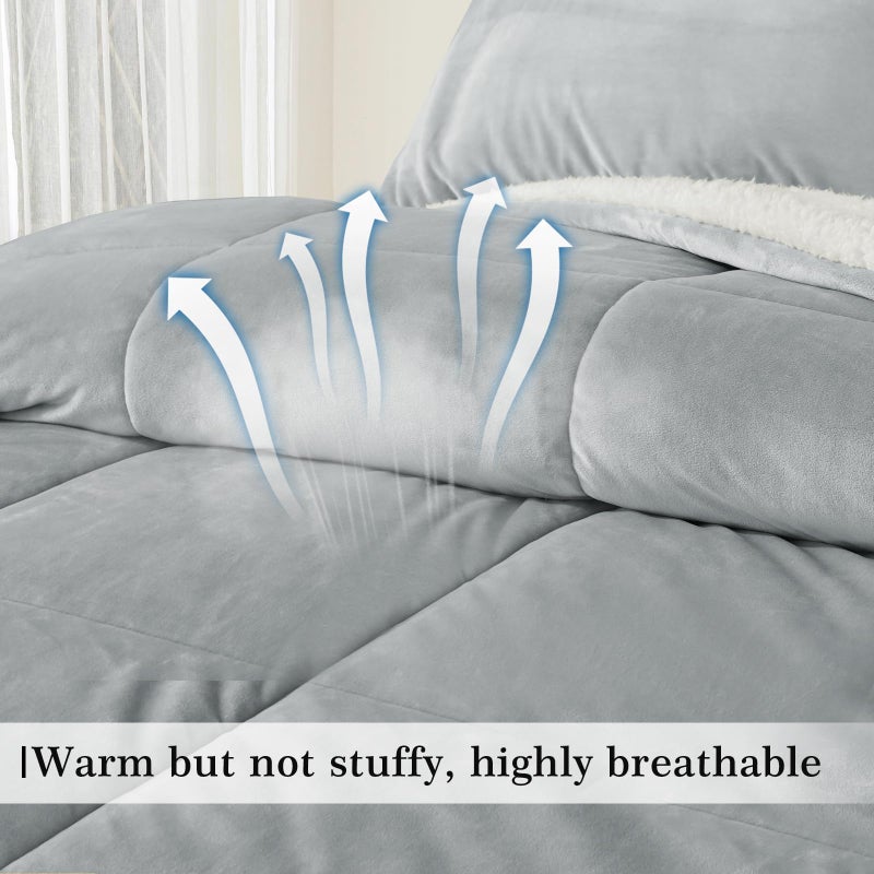 MERITLIFE Fluffy Sherpa Queen Size Bedding Comforter Sets Queen Comforter Set-3 Pieces Bed in a Bag Light Grey Soft Comforter and Pillowcase Luxury Warm Bedding Set for Winter - Image 4