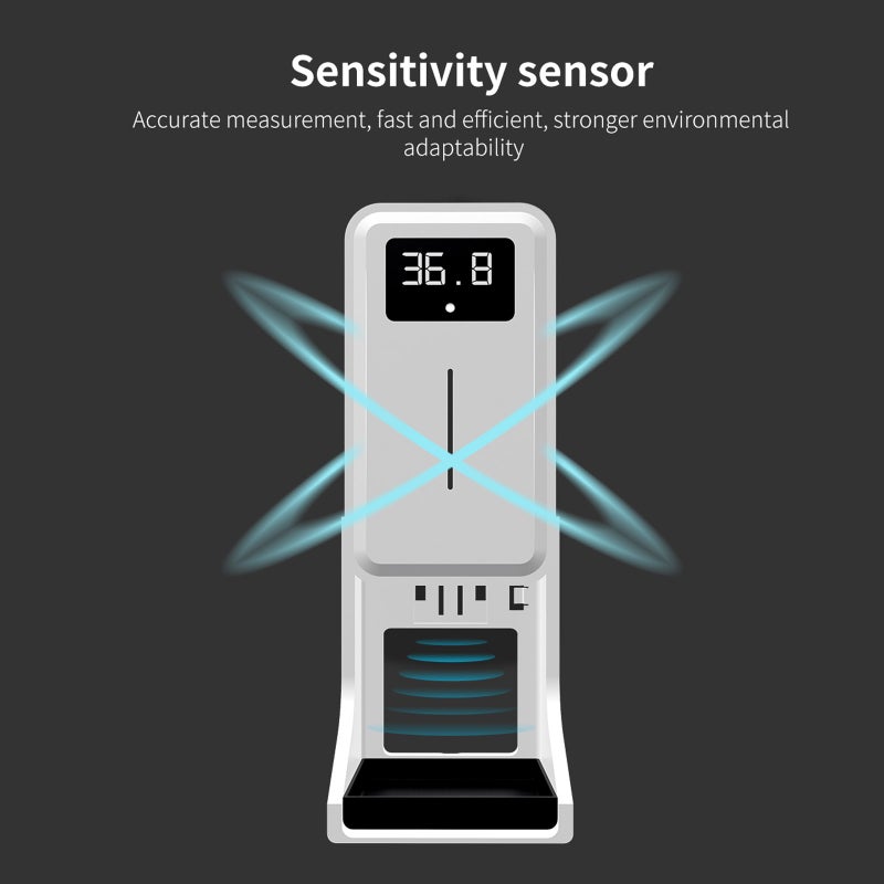Rehabor A Wall-Mounted Body Thermometer Induction Soap Dispenser 2 in 1 Automatic Hand Sanitizer Stand with Dispenser IR Thermometer Temperature Alarm 450ML Hands Sanitizing Station Touch Sanitizer Dispenser with Drip Tray - Image 3