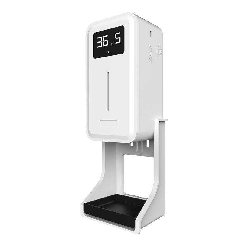 Rehabor A Wall-Mounted Body Thermometer Induction Soap Dispenser 2 in 1 Automatic Hand Sanitizer Stand with Dispenser IR Thermometer Temperature Alarm 450ML Hands Sanitizing Station Touch Sanitizer Dispenser with Drip Tray - Image 1