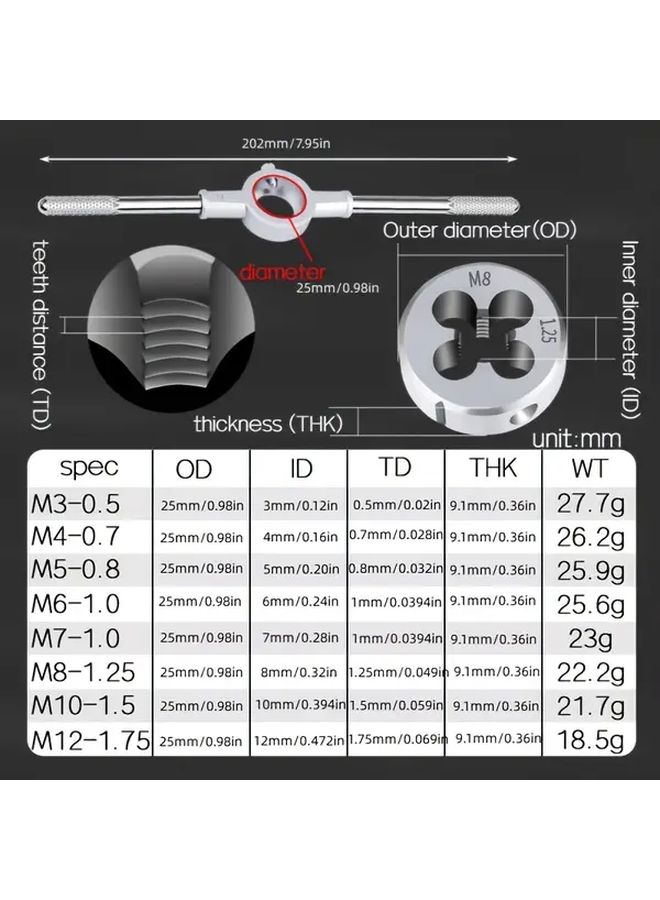 Heavy Duty Industrial Threaded Screw Wrench Set M3 M12 8pcs Spanner Plus 1pc Spanner Wrench Metric Tooth Spacing For Threading Tapping Repairing Precision Gripping Design Workshop Manufacturing Plumbing HVAC - Image 2