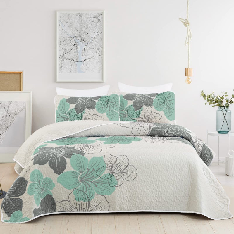 DJY 3 Pieces Quilt Set Queen Green Floral Pattern Quilt Coverlet Bohemian Floral Bedspread with 2 Pillow Shams Elegant Lightweight Botanical Bedding Quilt Set for All Season 90x96
