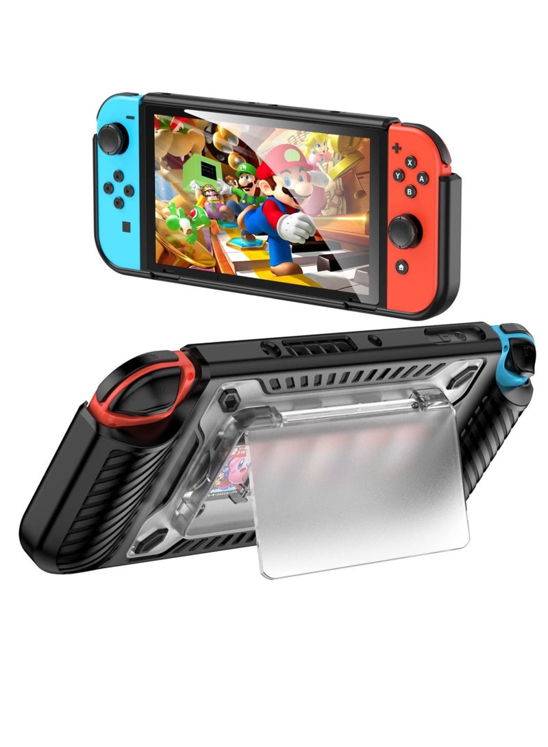 كابتن تيك Case for Nintendo Switch OLED 2021, 2 in 1 Heavy Duty TPU and PC Anti Drop Case with Magnetic Removable Stand Game Card Case, Protective Case Cover for Nintendo Switch OLED (Black) - Image 1