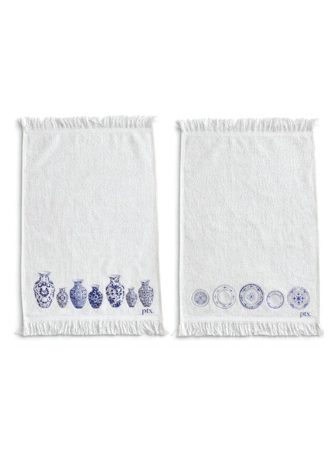 Printex Eg Printex.EG 100% Cotton Kitchen Towels, Set of 2, 400 GSM Ultra-Absorbent Dish Towels, Quick-Dry, Decorative Fringe, 50×30 cm,off White (vase &plate) - Image 1