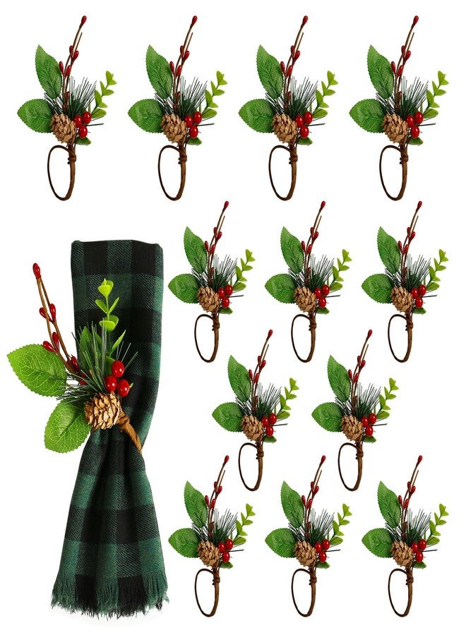 LogHog Christmas Pinecone Napkin Rings Set of 12, Rustic Handmade Farmhouse Napkin Rings Holder with Pinecone Red Berries for Christmas Festival, Thanksgiving Day, Xmas Decorations - Image 1