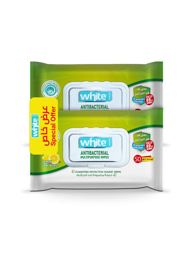 White Anti-Bacterial Wipes 50 Pack Of 2 