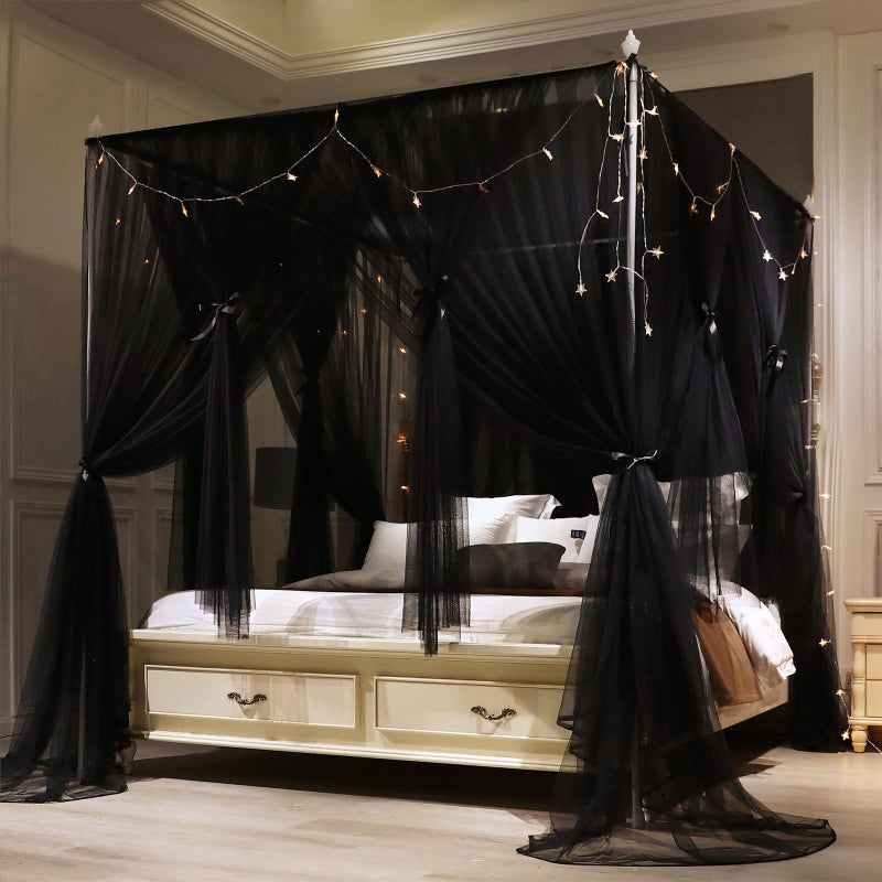 VETHIN 4 Corners Post Princess Bed Canopy Curtain Double Layer Cozy Drape Netting 4 Opening Mosquito Net for Girls  Adults Bedroom Decoration Accessories Double Black 78 W86 L82HKing
