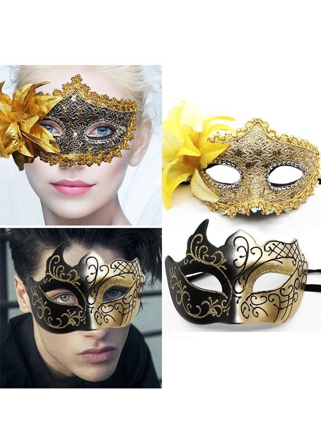 ZVEV Masquerade Masks Set, 2 PCS Couples Masquerade Mask with Side Flower and Painted Pattern, Ladies Masquerade Masks, Half Face Dress up Mask for Masquerade Party Party, Prom, Wedding - Image 1