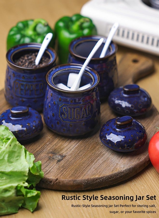 GDCZ 10 Oz Sugar Pepper and Salt Bowls with Lid and Spoon, Ceramics Seasoning Container, Seasoning Jar Spice Container for Kitchen,Dishwasher Safe, Set of 3 (Blue) - Image 3