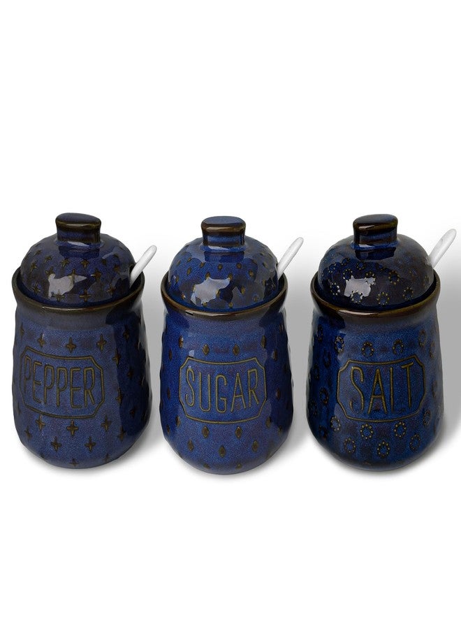 GDCZ 10 Oz Sugar Pepper and Salt Bowls with Lid and Spoon, Ceramics Seasoning Container, Seasoning Jar Spice Container for Kitchen,Dishwasher Safe, Set of 3 (Blue) - Image 1