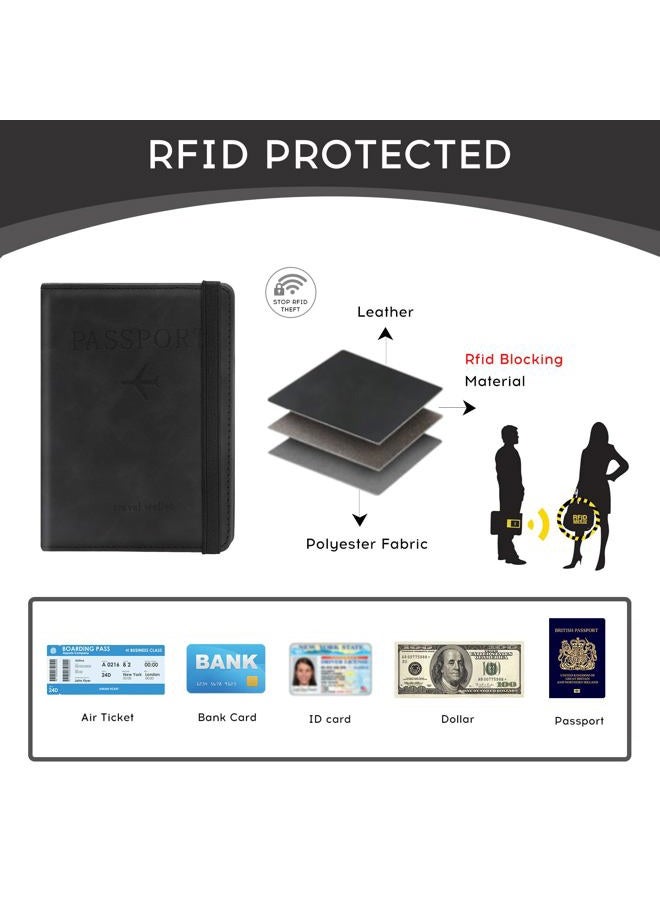 ILIYAH Passport Holder PU Leather RFID Blocking Passport Cover Travel Wallet Case with Card Slot & Elastic Strap Passport Covers（Black） - Image 3