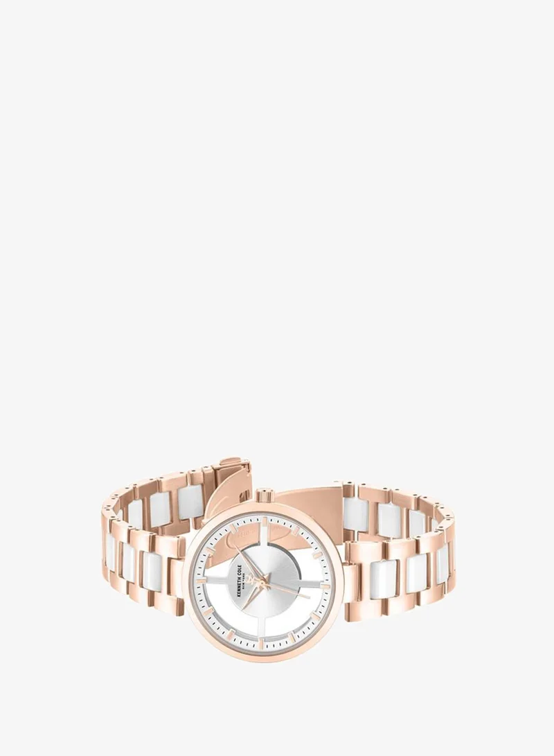 كينيث كول نيو يورك Queensboro Women's 36mm Quartz Watch with Silver Dial & Rose Gold-White Stainless Steel Bracelet