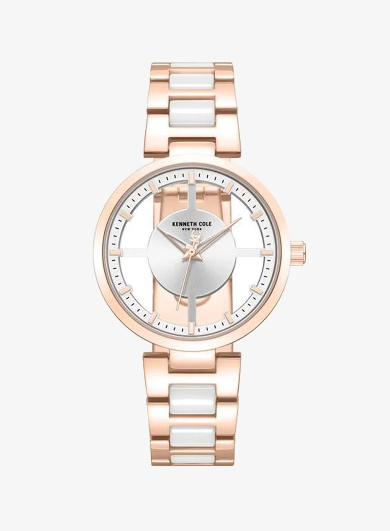 كينيث كول نيو يورك Queensboro Women's 36mm Quartz Watch with Silver Dial & Rose Gold-White Stainless Steel Bracelet