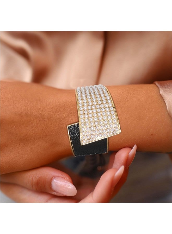 ايلابيست سوار من اللؤلؤ الذهبي مع لؤلؤ صناعي، سوار من الجلد المطاطي مع لؤلؤ صناعي، مجوهرات وإكسسوارات حفلات الزفاف للنساء (لؤلؤي-أسود) - Image 3