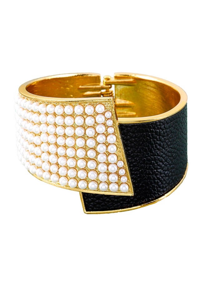 ايلابيست سوار من اللؤلؤ الذهبي مع لؤلؤ صناعي، سوار من الجلد المطاطي مع لؤلؤ صناعي، مجوهرات وإكسسوارات حفلات الزفاف للنساء (لؤلؤي-أسود) - Image 1