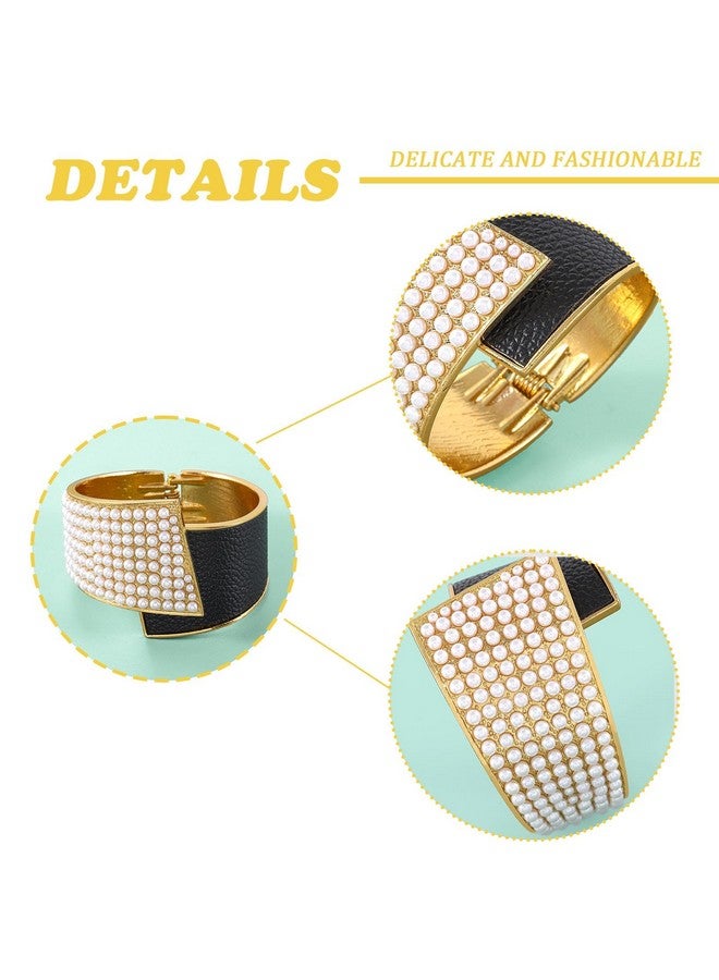 ايلابيست سوار من اللؤلؤ الذهبي مع لؤلؤ صناعي، سوار من الجلد المطاطي مع لؤلؤ صناعي، مجوهرات وإكسسوارات حفلات الزفاف للنساء (لؤلؤي-أسود) - Image 4