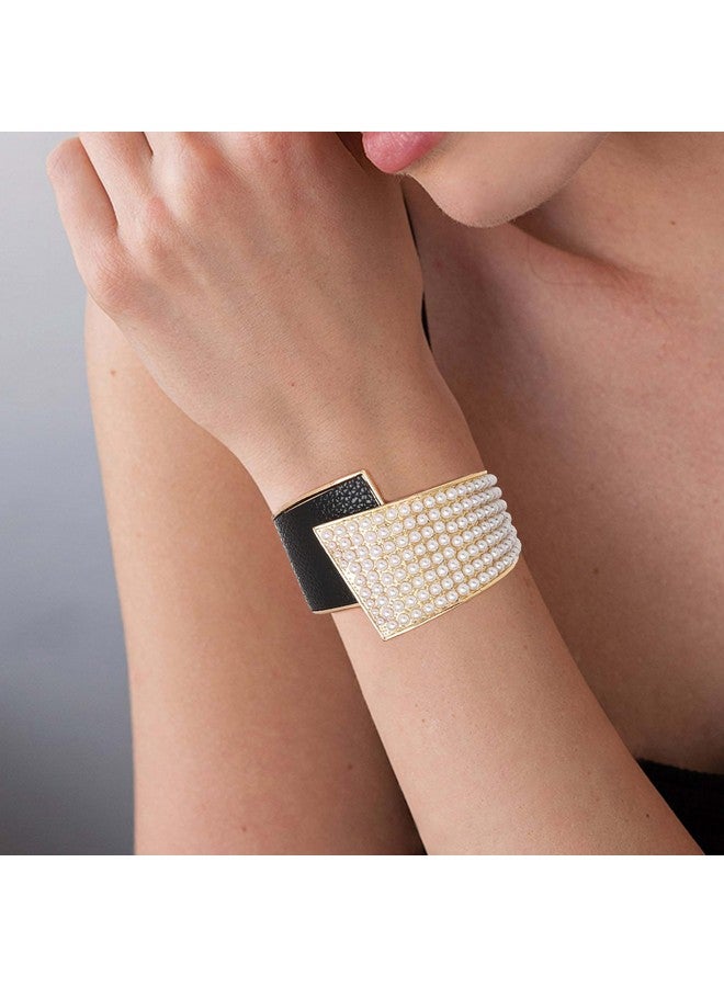 ايلابيست سوار من اللؤلؤ الذهبي مع لؤلؤ صناعي، سوار من الجلد المطاطي مع لؤلؤ صناعي، مجوهرات وإكسسوارات حفلات الزفاف للنساء (لؤلؤي-أسود) - Image 2