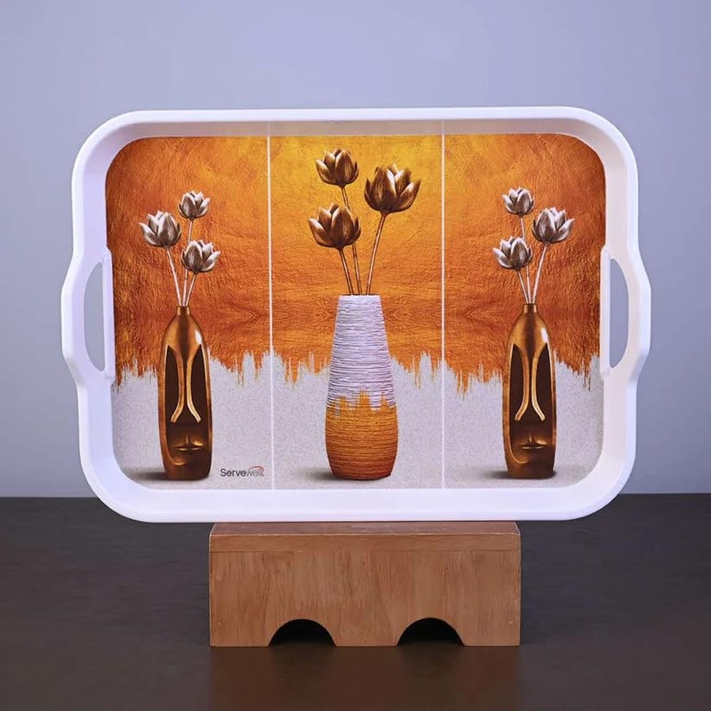 Dribble Melamine Serving Tray Set of 3pcs With Handle (Small [L 28.5cm x W 19.5cm], Medium [L 32cm x W 23.5cm], Large [L 39cm x W 28cm x H 3cm]) Design: Zinnias - Image 2