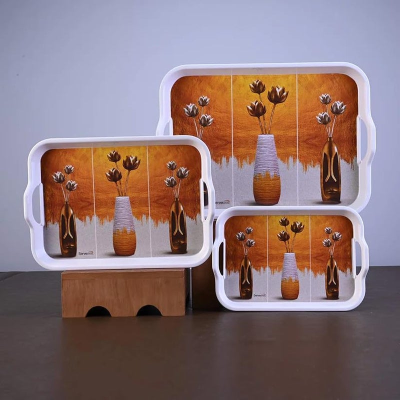 Dribble Melamine Serving Tray Set of 3pcs With Handle (Small [L 28.5cm x W 19.5cm], Medium [L 32cm x W 23.5cm], Large [L 39cm x W 28cm x H 3cm]) Design: Zinnias - Image 1