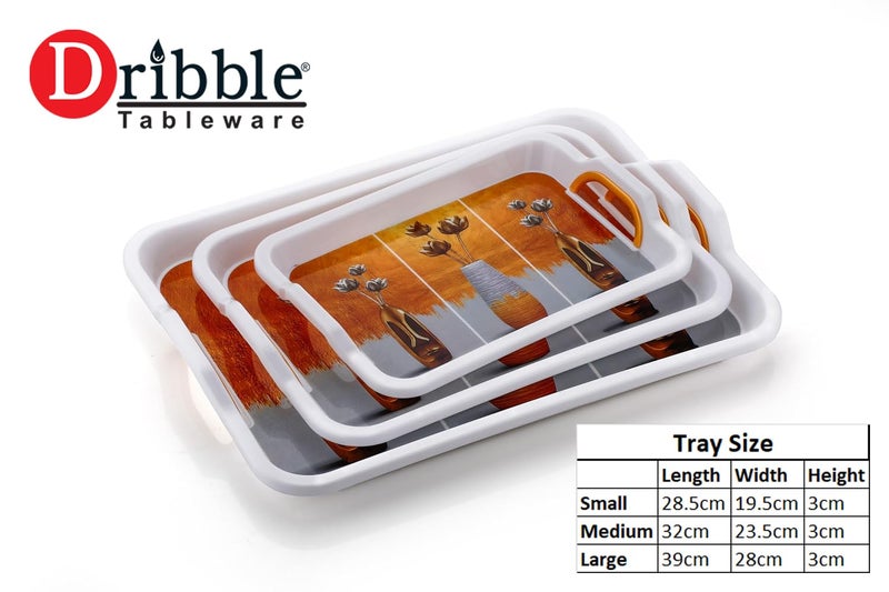 Dribble Melamine Serving Tray Set of 3pcs With Handle (Small [L 28.5cm x W 19.5cm], Medium [L 32cm x W 23.5cm], Large [L 39cm x W 28cm x H 3cm]) Design: Zinnias - Image 4