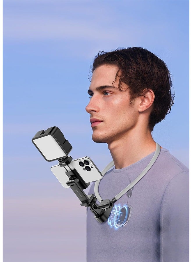 Magnetic Neck Phone Holder with Light, Hands Free Selfie Neck Tripod Chest Mount Phone Holder Filming for iPhone 16 Samsung GoPro DJI Insta360, Neck Phone Holder for Recording POV Video Vlog  - Image 1
