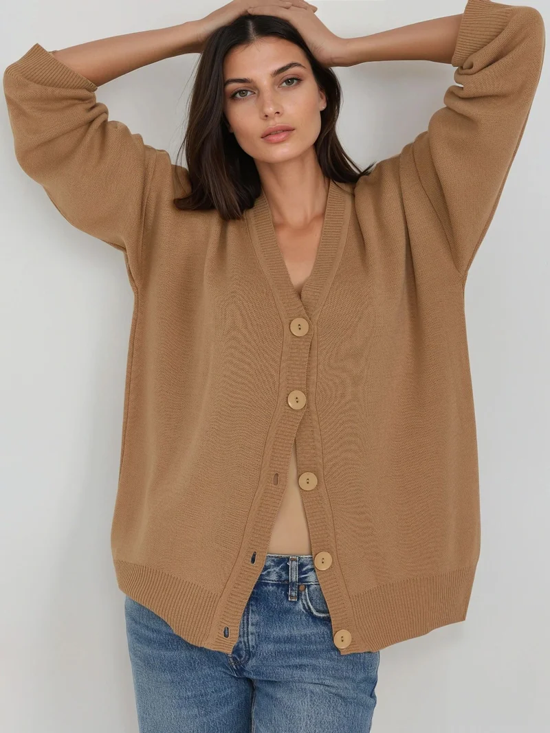 MY FASHION Oversized Ribbed V-Neck Button Cardigan