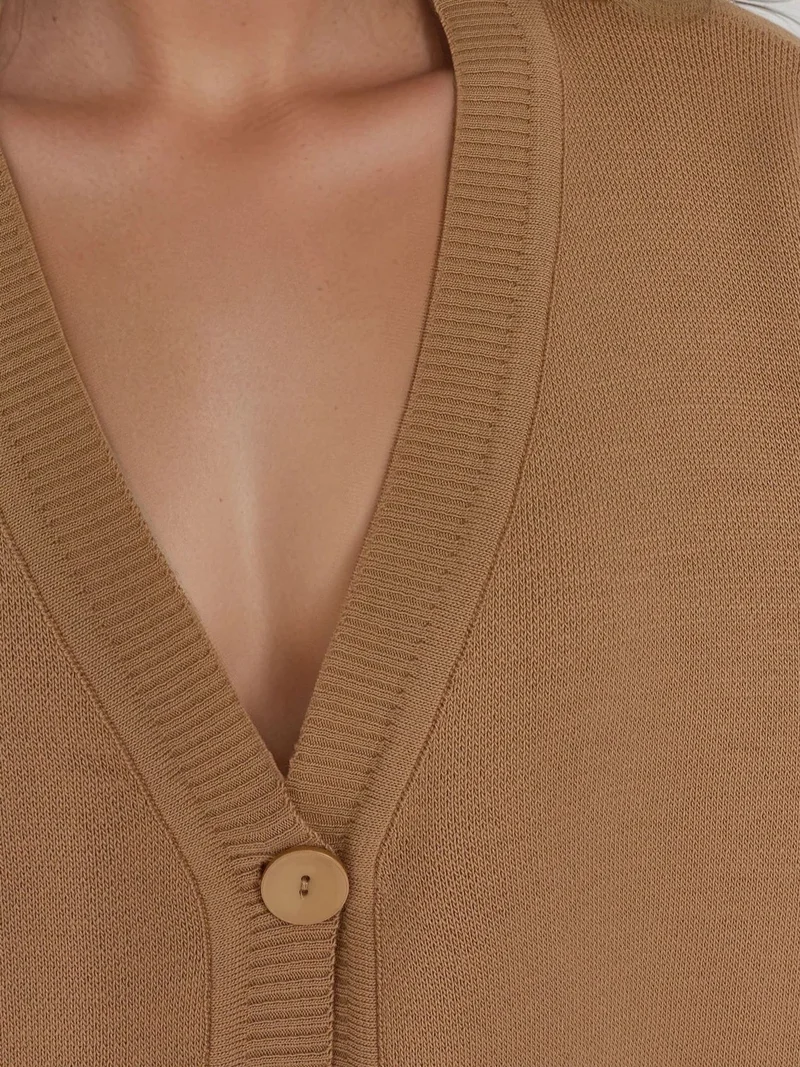 MY FASHION Camel Brown MY FASHION Oversized Ribbed V-Neck Button Cardigan for Women | Best Price UAE