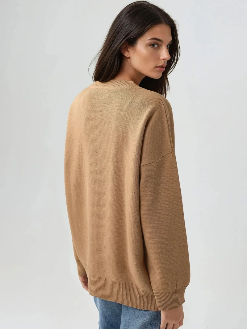 MY FASHION Camel Brown MY FASHION Oversized Ribbed V-Neck Button Cardigan for Women | Best Price UAE