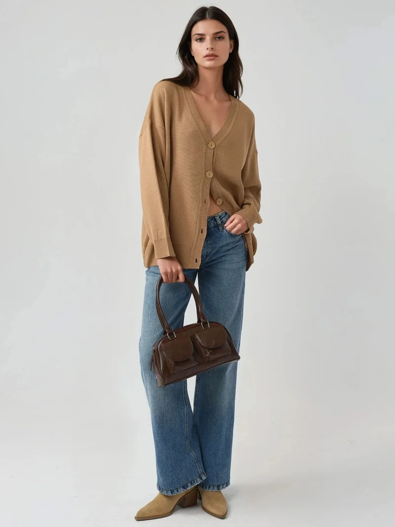 MY FASHION Camel Brown MY FASHION Oversized Ribbed V-Neck Button Cardigan for Women | Best Price UAE