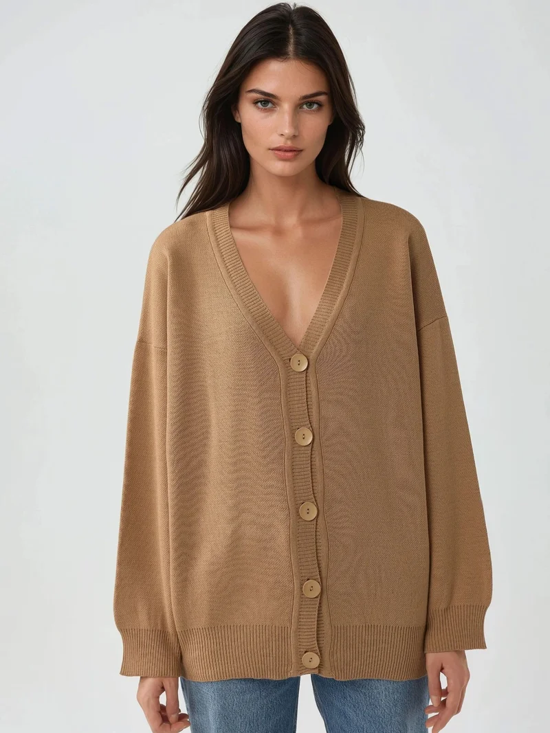 MY FASHION Camel Brown MY FASHION Oversized Ribbed V-Neck Button Cardigan for Women | Best Price UAE