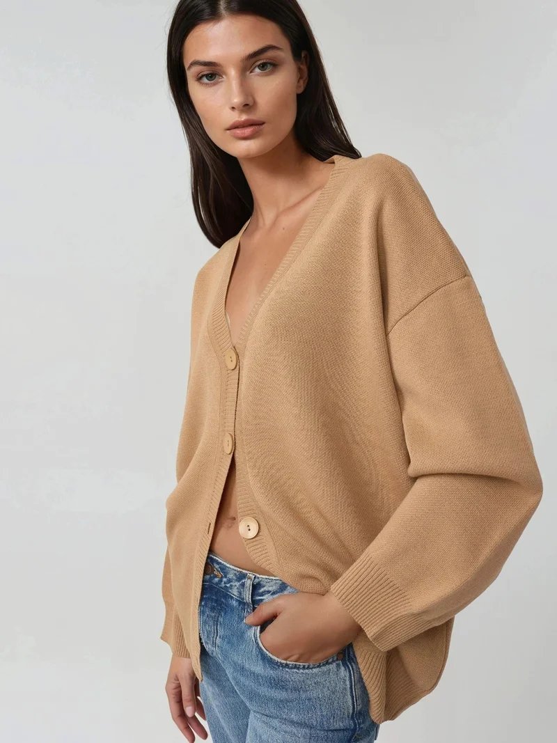 ماي فاشن MY FASHION Oversized Ribbed V-Neck Button Cardigan