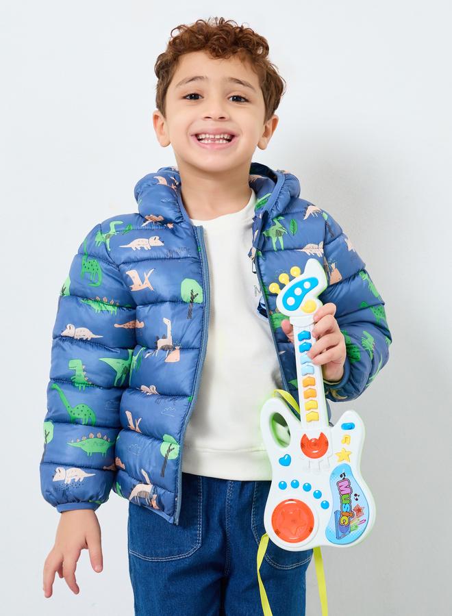 ستايلي جاكيت بفرو داخلي بطبعة ديناصور وغطاء رأس - Image 1