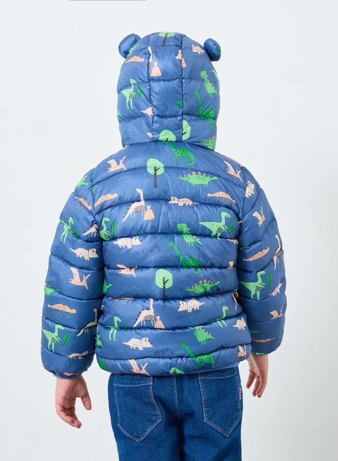 Styli Styli Boys Blue Dinosaur Print Puffer Jacket with Hood