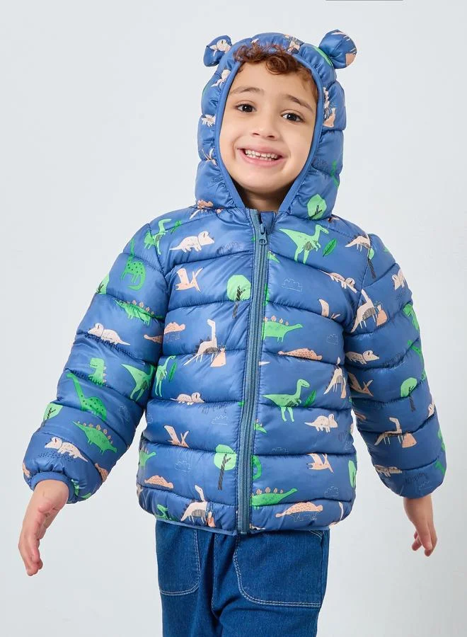 Styli Styli Boys Blue Dinosaur Print Puffer Jacket with Hood