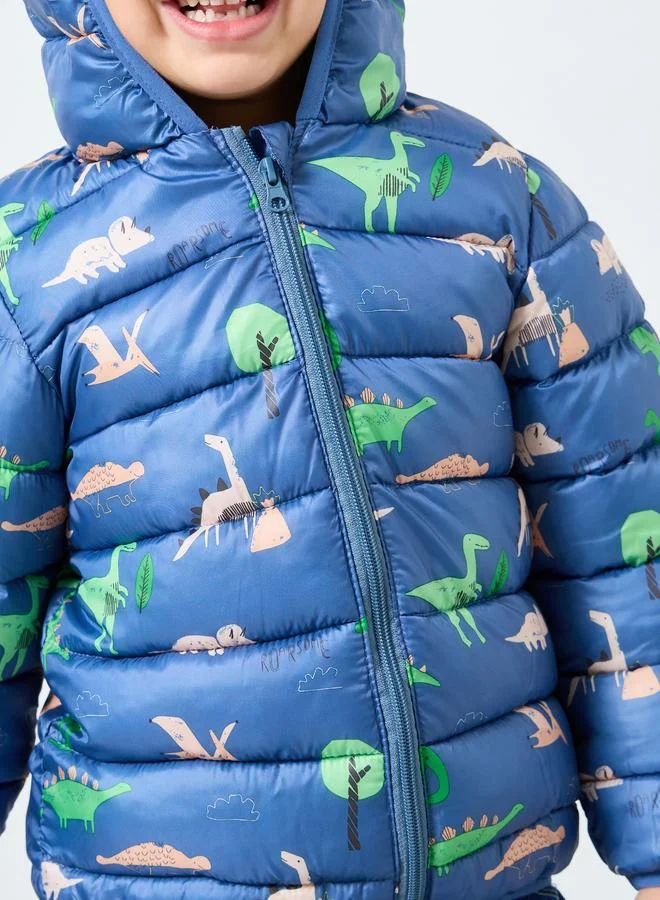 Styli Styli Boys Blue Dinosaur Print Puffer Jacket with Hood