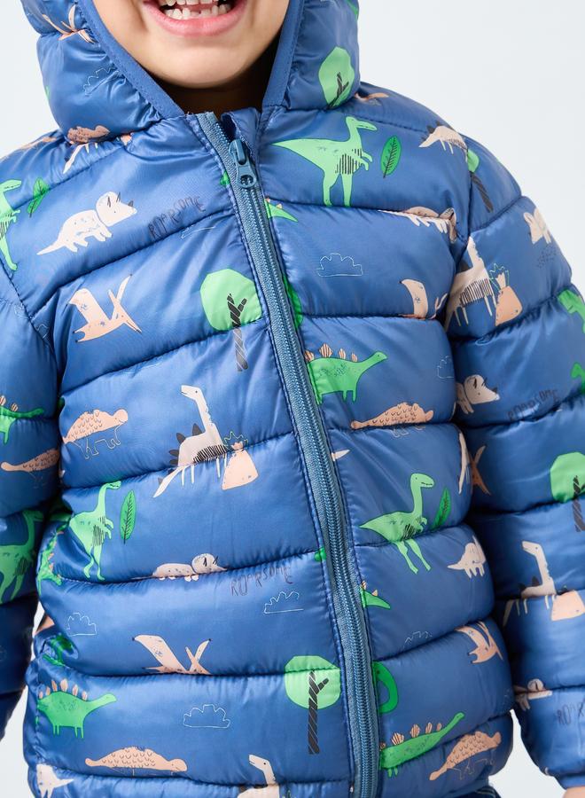 ستايلي جاكيت بفرو داخلي بطبعة ديناصور وغطاء رأس - Image 4