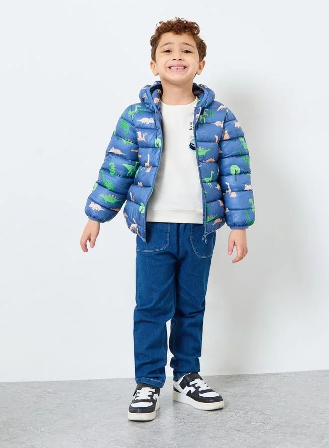 Styli Styli Boys Blue Dinosaur Print Puffer Jacket with Hood