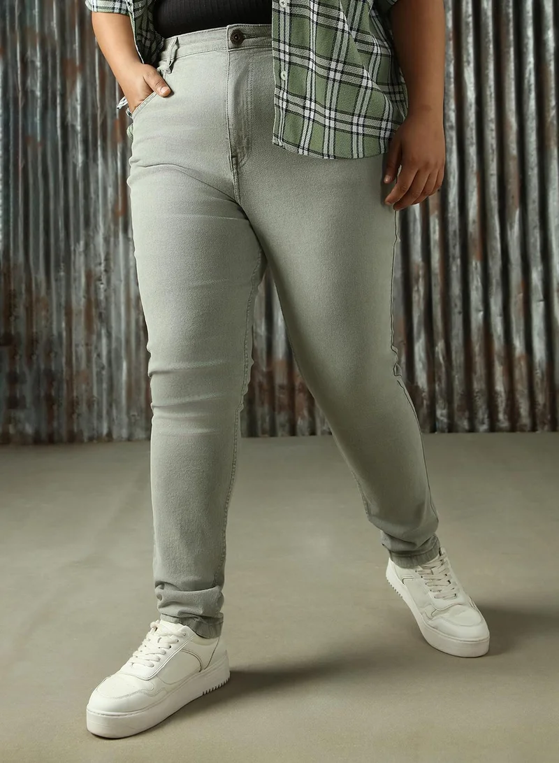 هاي ستار Women's Grey Cotton Blend Distressed Plus Size Jeans
