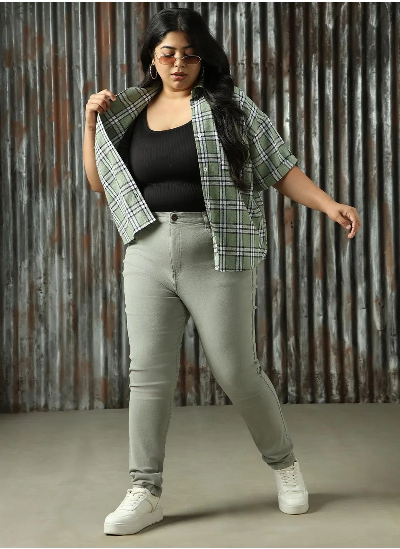 هاي ستار Women's Grey Cotton Blend Distressed Plus Size Jeans