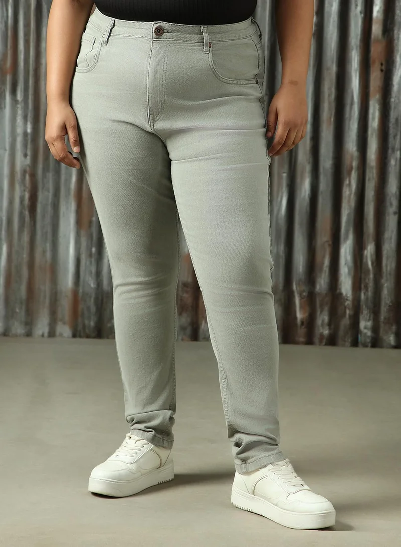 هاي ستار Women's Grey Cotton Blend Distressed Plus Size Jeans