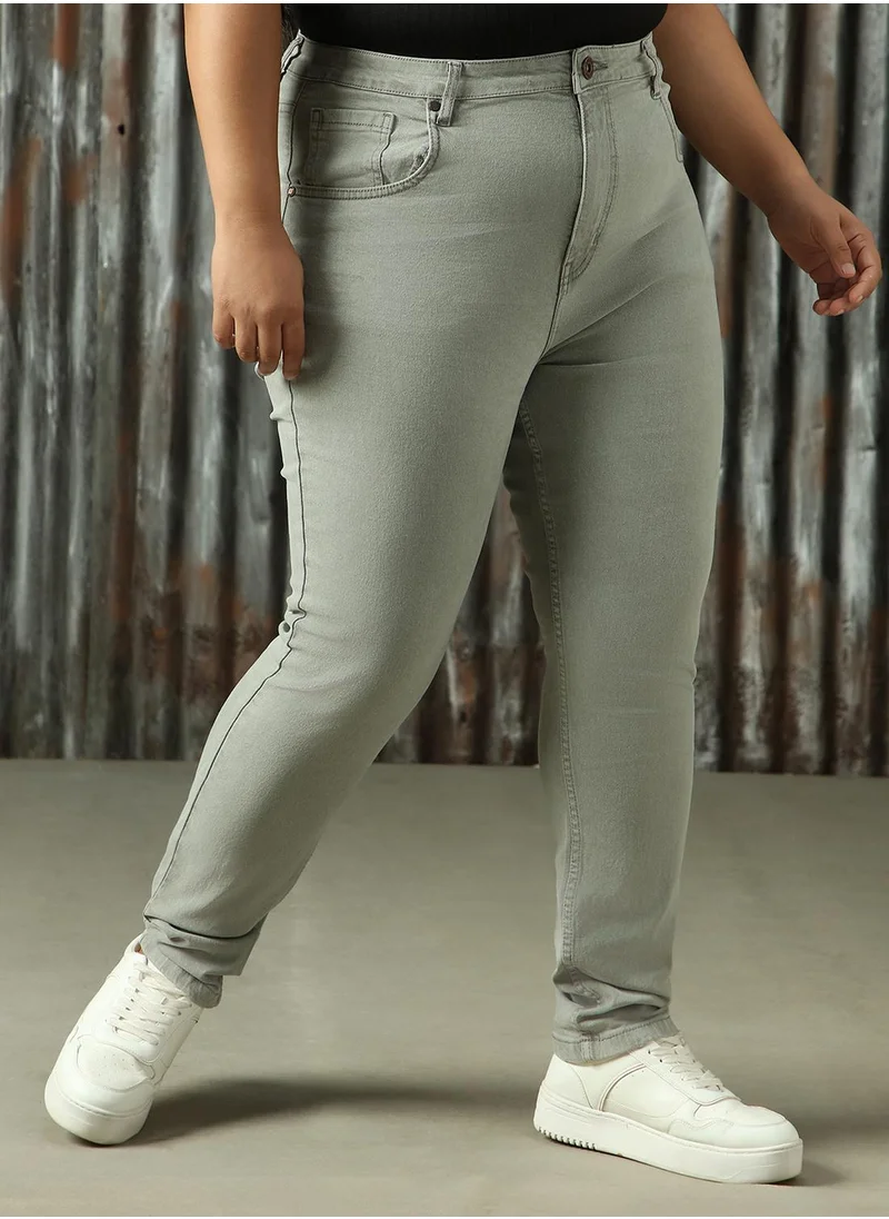 هاي ستار Women's Grey Cotton Blend Distressed Plus Size Jeans