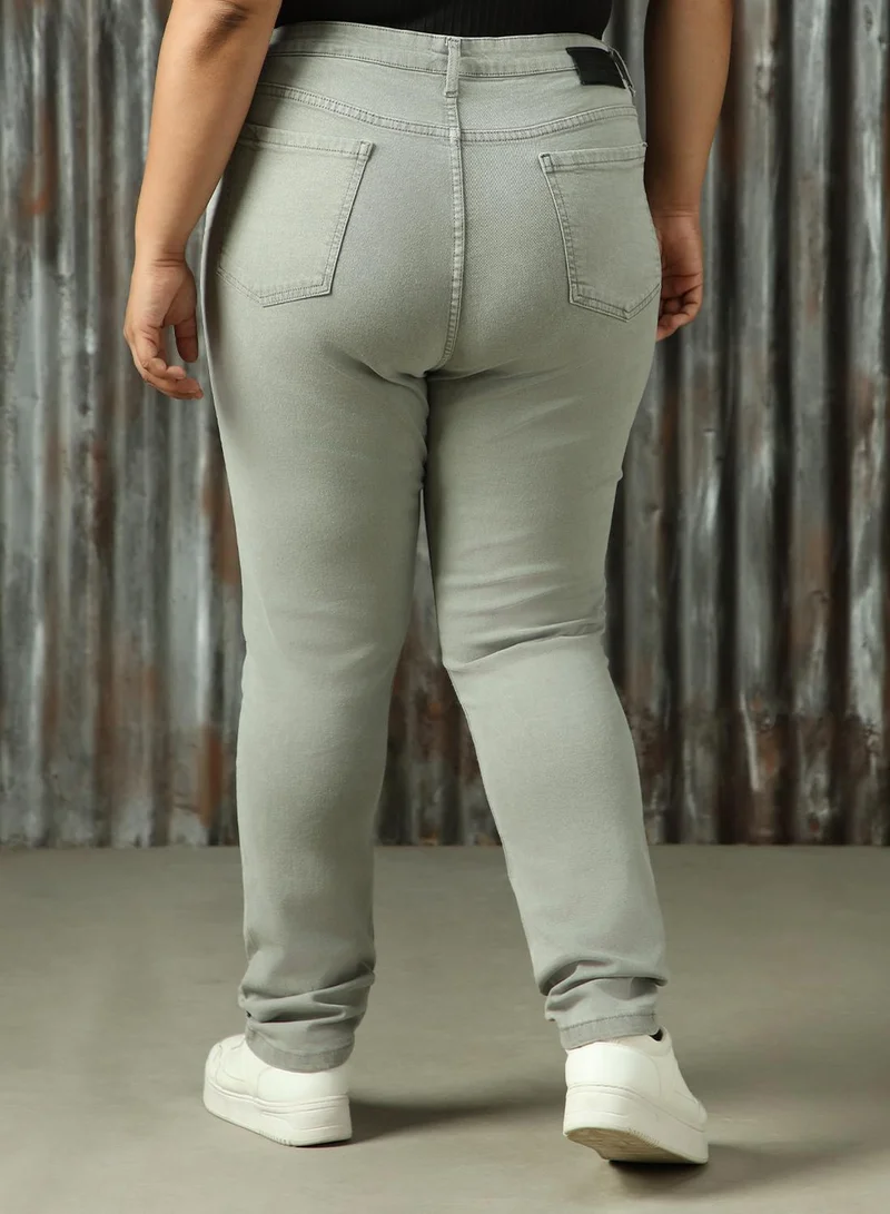 هاي ستار Women's Grey Cotton Blend Distressed Plus Size Jeans